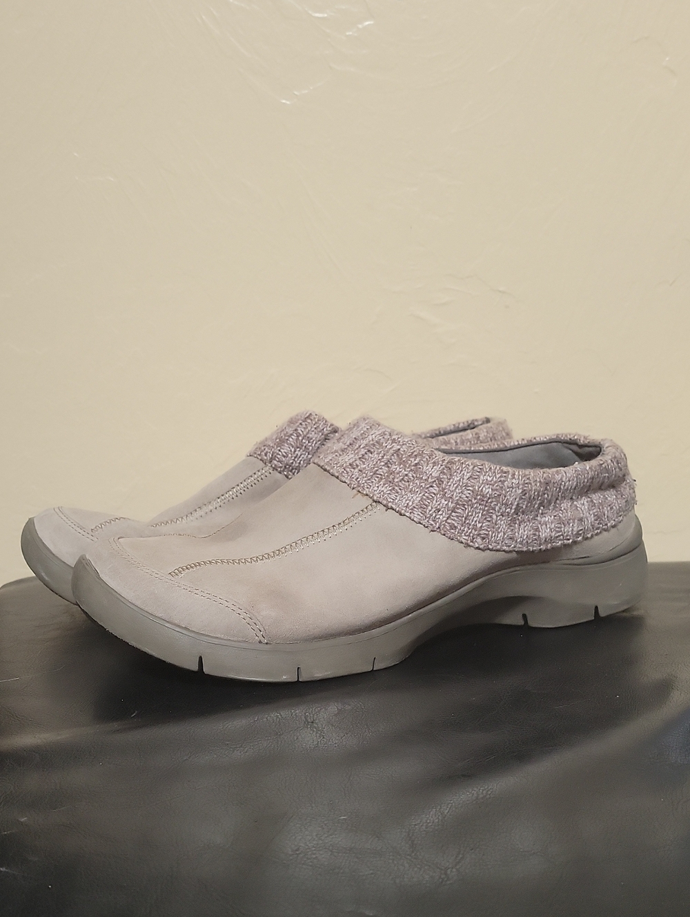Dansko Eartha Taupe Suede Knit Collar Clogs